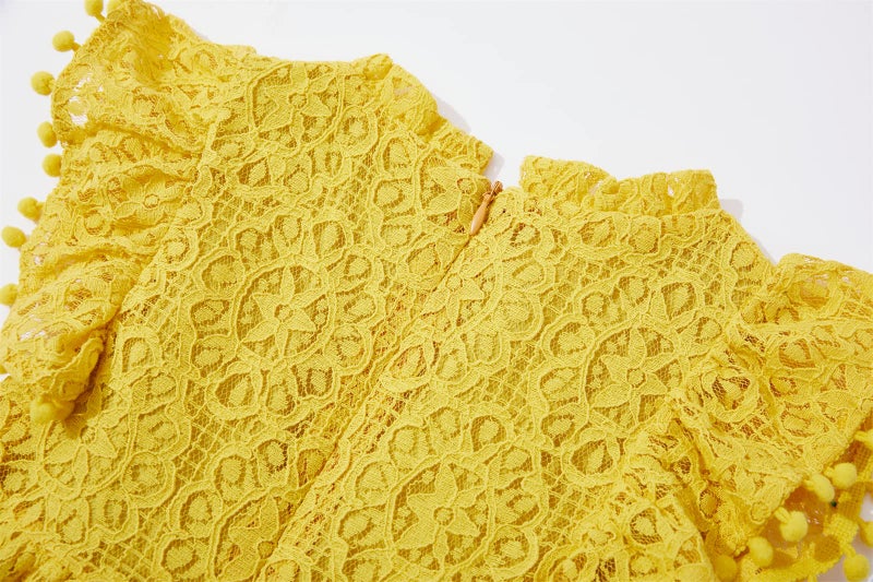 Niyage Toddler Girls Elegant Lace Pom Pom Flutter Sleeve Party Princess Dress Mustard Yellow 110 - Image 4