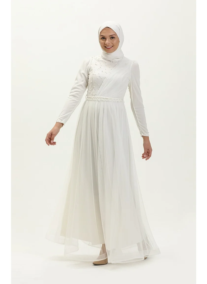 Sefa Merve Pearl Tulle Evening Dress 5664-08 Ecru