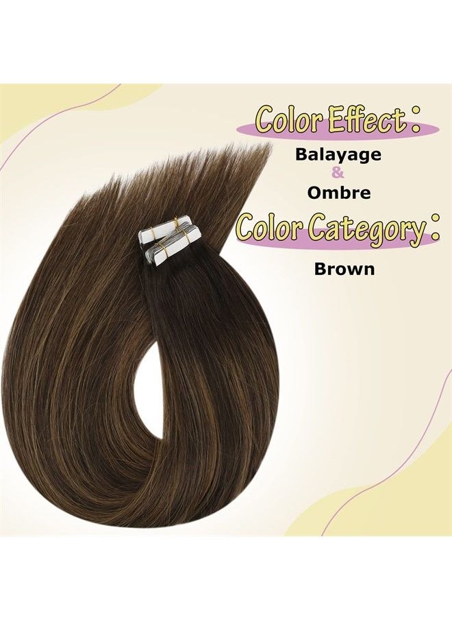 Ve Sunny VeSunny Tape in Hair Extensions Human Hair Brown Pu Tape ins Extensions Natural Hair Tape on Extensions Real Hair Ombre Darkest Brown Balayage Medium Brown Tape Hair 10pcs 25g 20inch  - Image 3
