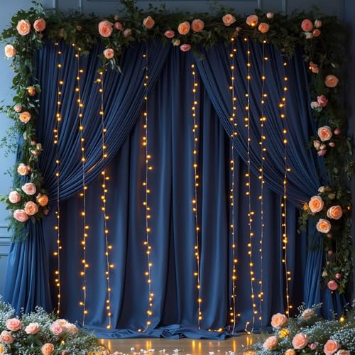 PARTISKY Navy Blue Backdrop Curtains with Lights for Parties,10x10FT Wrinkle Free Wedding Photo Backdrop Curtains for Baby Shower Birthday Graduations Home Party Decorations-5ft x 10ft - Image 1