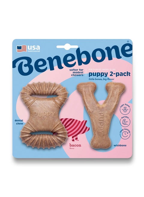Benebone Puppy 2-Pack Dental Chew/Wishbone Dog Chew Toys, Made in USA, Real Bacon Flavor
