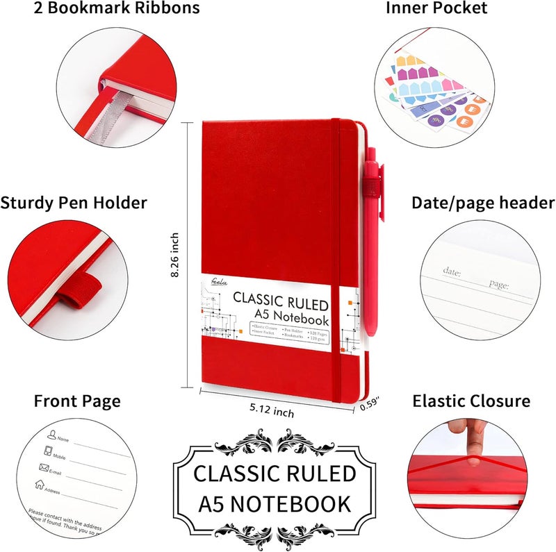 Feela 3 Pack Notebooks Journals Bulk with 3 Black Pens, A5 Hardcover Notebook Classic Ruled Lined Journal Set with Pen Holder for Work Business Journaling Note Taking, 120 GSM, 5.1”x8.3”, Red - Image 2
