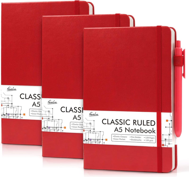 Feela 3 Pack Notebooks Journals Bulk with 3 Black Pens, A5 Hardcover Notebook Classic Ruled Lined Journal Set with Pen Holder for Work Business Journaling Note Taking, 120 GSM, 5.1”x8.3”, Red - Image 1