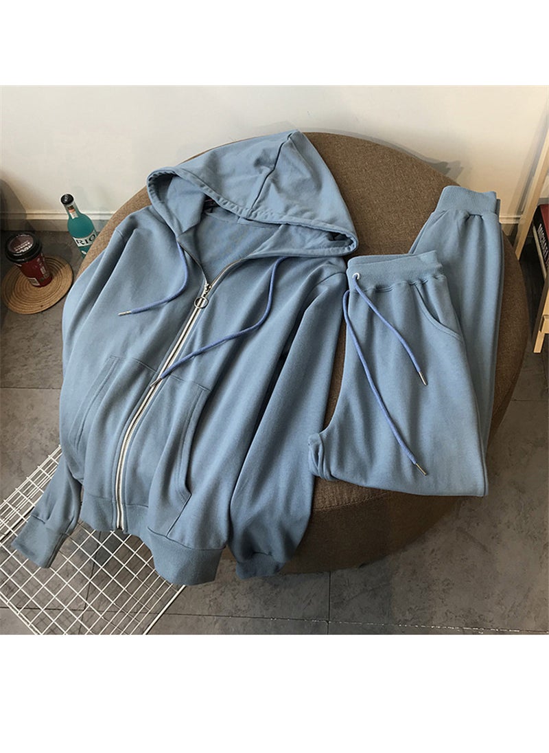 Generic - Womens Loose-fit Hooded Sweatshirt 2-piece Casual Set Zip-up Top Pants Suitable For Spring Autumn Blue - Image 1