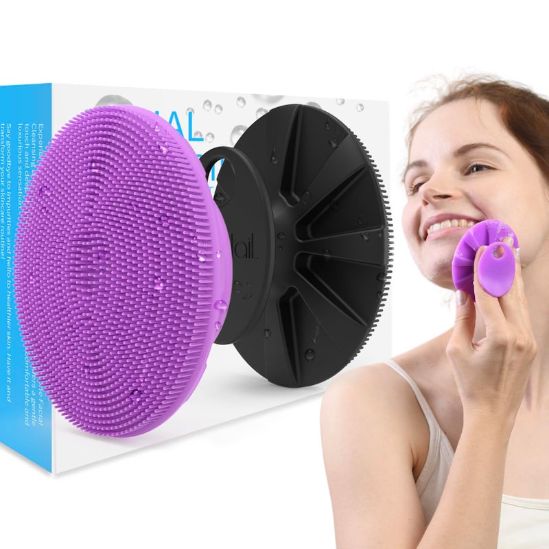 BEAUTAIL Silicone Face Scrubber 2 Pack, Manual Facial Cleansing Brush, Gentle Face Exfoliator for Sensitive Skin, Skin Care Exfoliating Face Brush for Men and Women, Black+Purple - Image 1