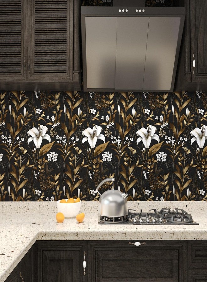 Laatse White Floral Wallpaper Peel and Stick, Black Gold Vintage Contact Paper, Dark Golden Botanical Wall Paper Self Adhesive Removable Waterproof for Bedroom Cabinet Drawer Table Decor 17.5" x 118" - Image 2