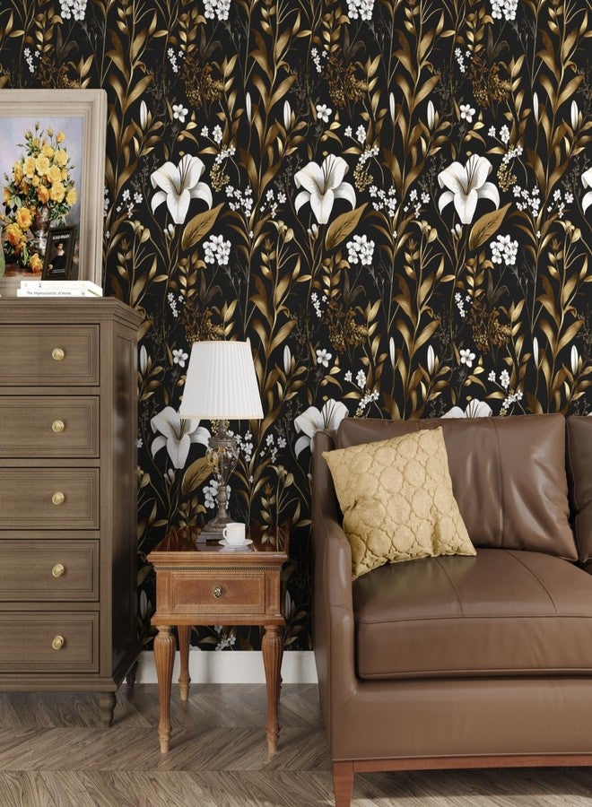 Laatse White Floral Wallpaper Peel and Stick, Black Gold Vintage Contact Paper, Dark Golden Botanical Wall Paper Self Adhesive Removable Waterproof for Bedroom Cabinet Drawer Table Decor 17.5" x 118" - Image 4