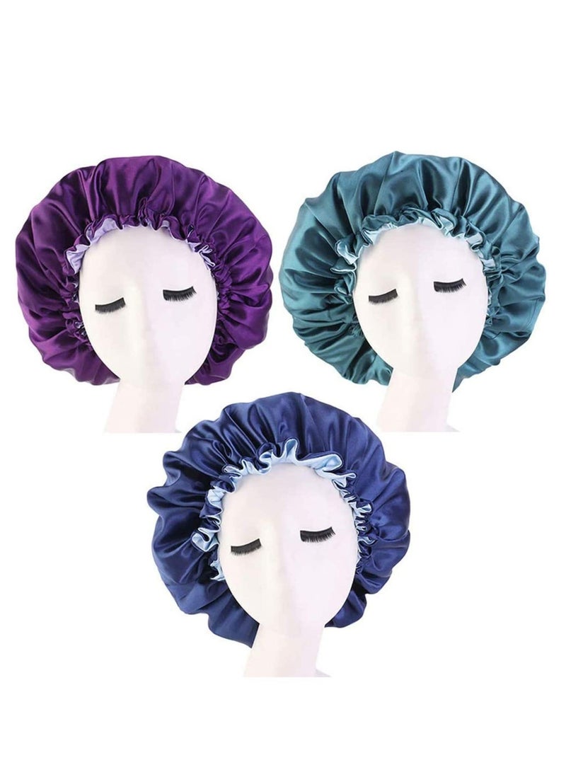3 Pieces Satin Bonnet Adjustable Silk Elastic Sleep Hat Shower Caps Hair for Women Curly Nightcap, 3Colors - Image 1