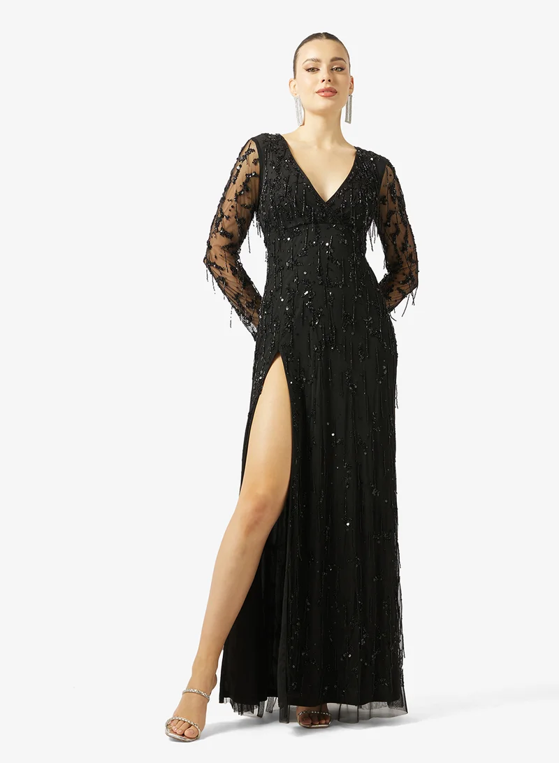 Plunge Neck Bead Embellished Gown