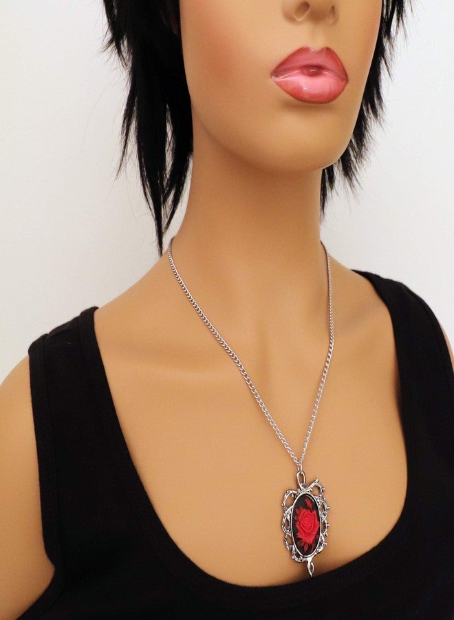 Real Metal Gothic Red Rose Cameo In Thorns Pendant Necklace - Image 2