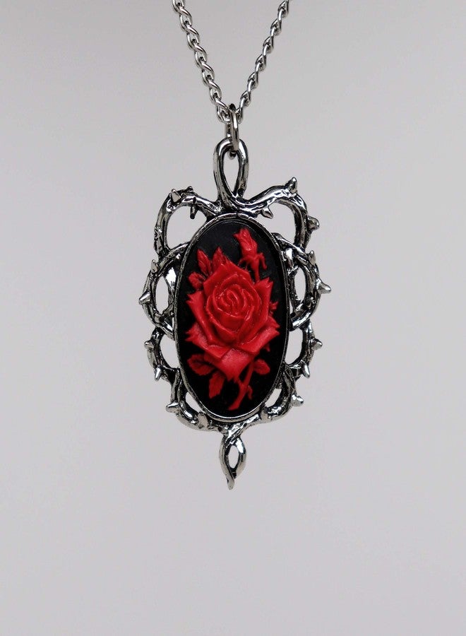 Real Metal Gothic Red Rose Cameo In Thorns Pendant Necklace - Image 5