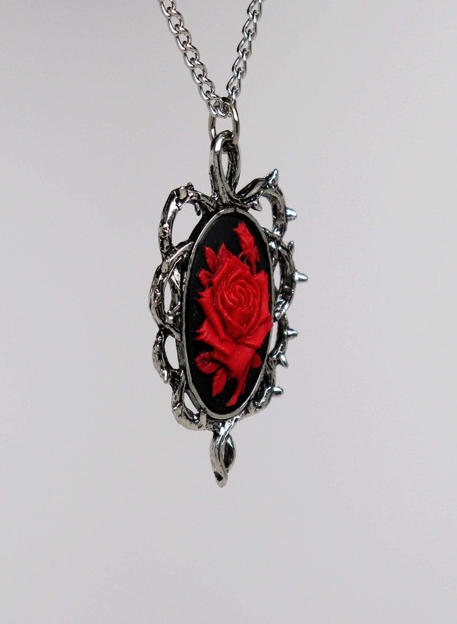 Real Metal Gothic Red Rose Cameo In Thorns Pendant Necklace - Image 4