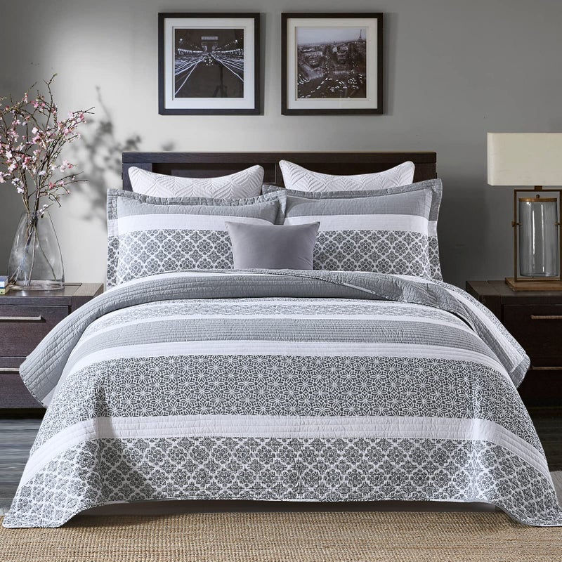 DUOHONG Quilts Queen Size  Queen Quilt Bedspread Sets 100 Cotton Quilt Bedding Set for Queen Bed 3 Pieces Floral Striped Reversible Lightweight Quilted Quilt Bed Spread Bluish Grey