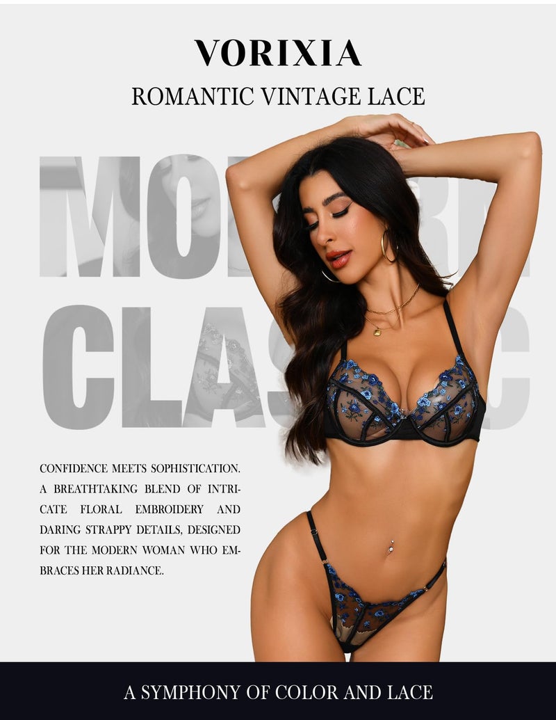 VORIXIA Womens Floral Embroidery Lingerie Set Soft Mesh Underwire Bra and Panty with Adjustable Straps Satin Trim(BB-M) Blackblue - Image 2