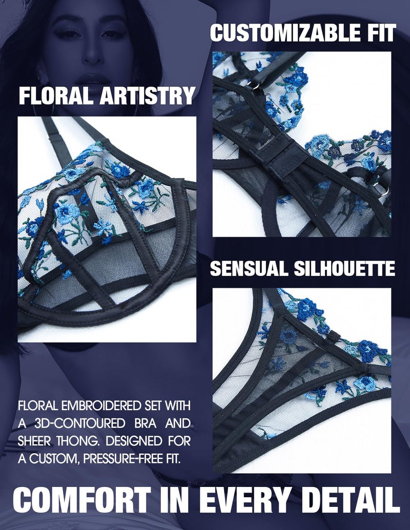 VORIXIA Womens Floral Embroidery Lingerie Set Soft Mesh Underwire Bra and Panty with Adjustable Straps Satin Trim(BB-M) Blackblue - Image 3