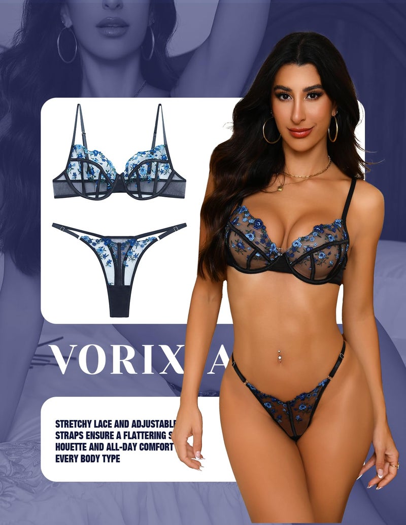 VORIXIA Womens Floral Embroidery Lingerie Set Soft Mesh Underwire Bra and Panty with Adjustable Straps Satin Trim(BB-M) Blackblue - Image 4