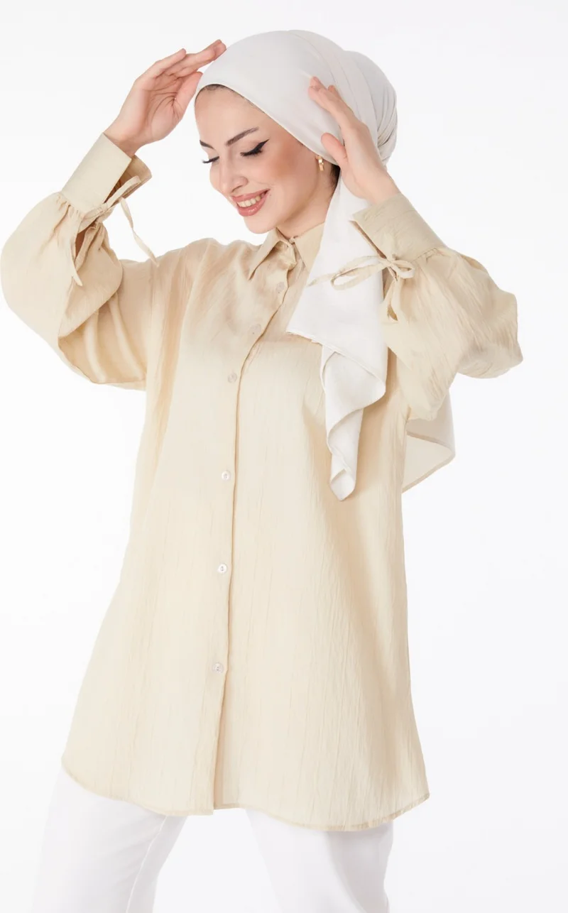 Tofisa Plain Shirt Collar Women's Mink Ribbed Sleeves String Shirt - 25307