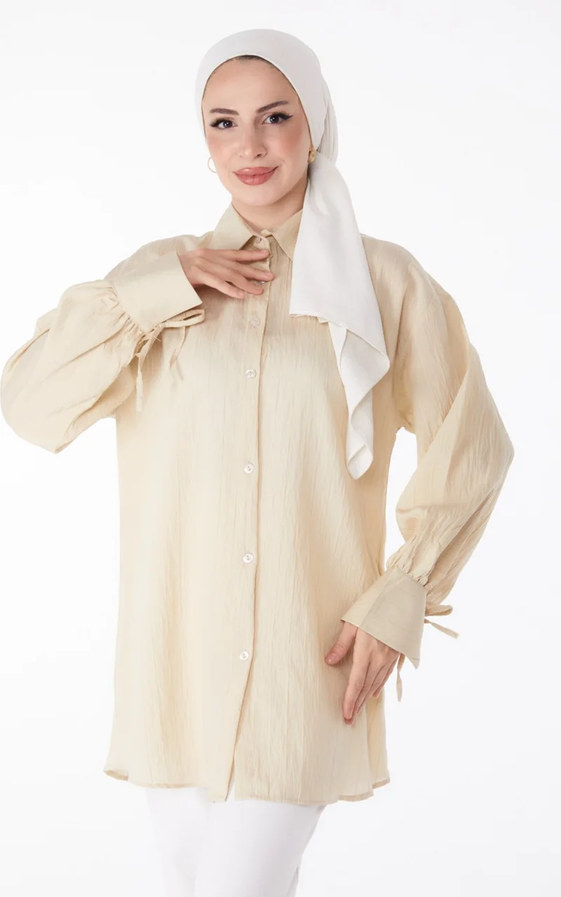 Tofisa Plain Shirt Collar Women's Mink Ribbed Sleeves String Shirt - 25307