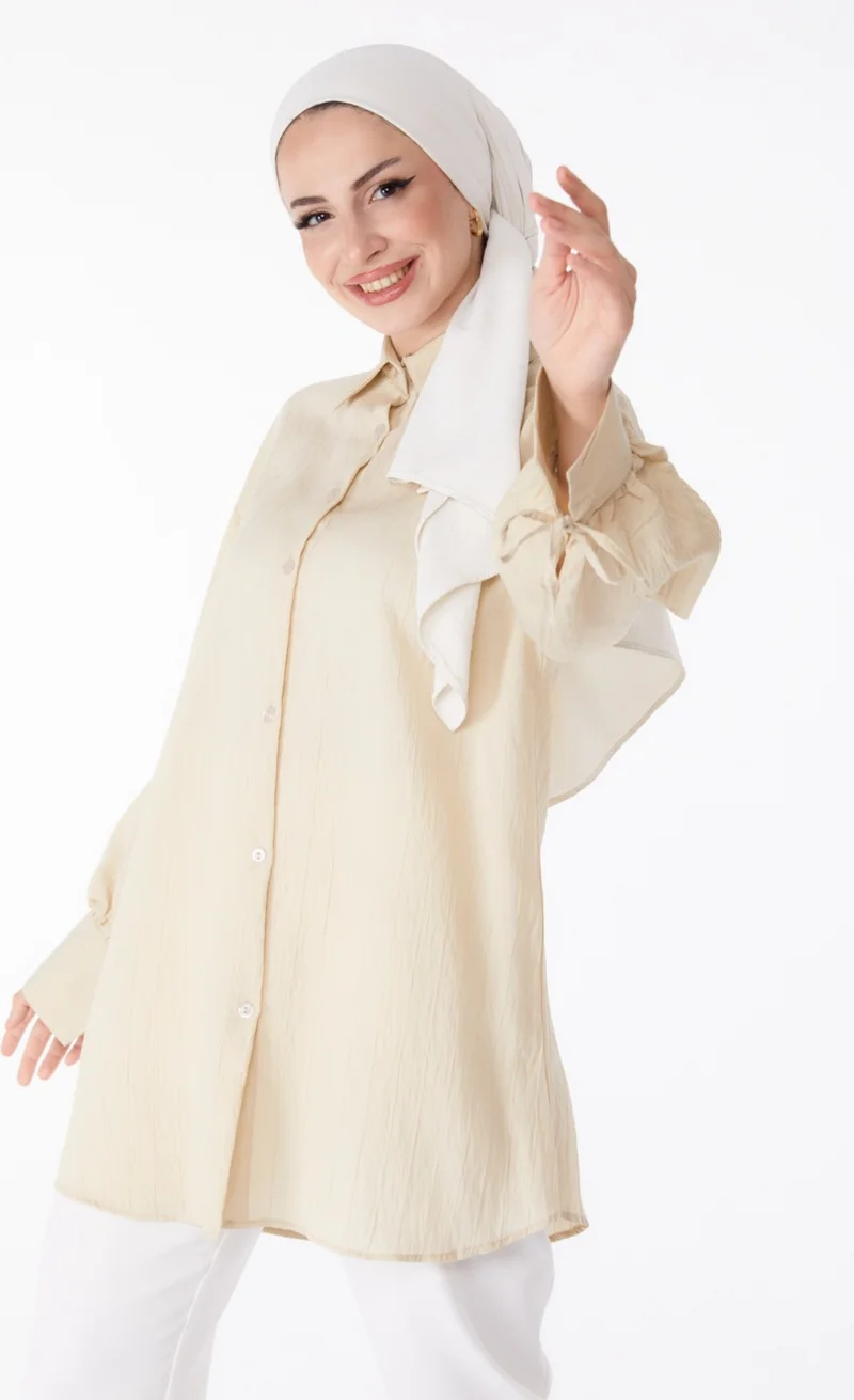 Tofisa Plain Shirt Collar Women's Mink Ribbed Sleeves String Shirt - 25307