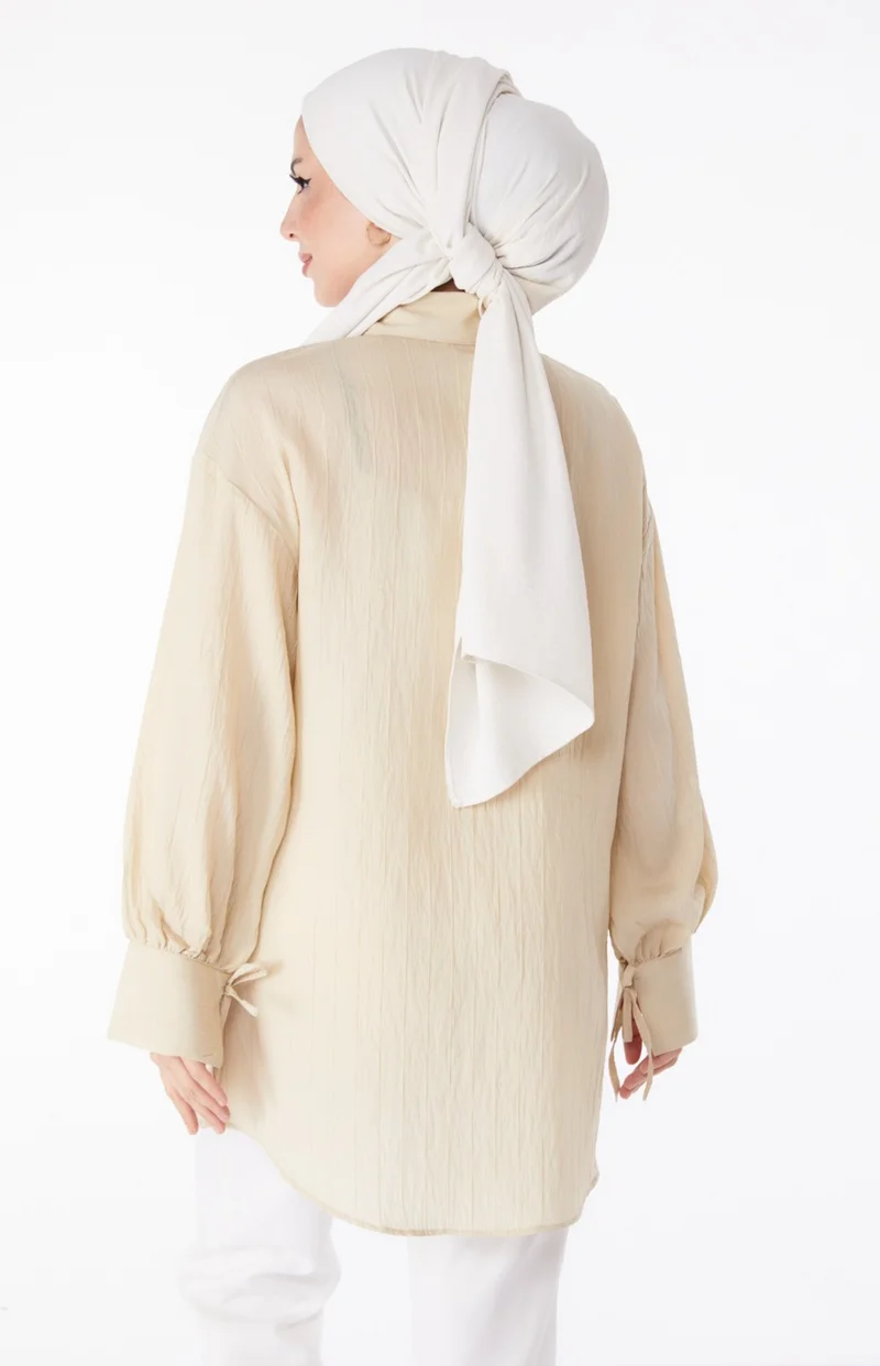 Tofisa Plain Shirt Collar Women's Mink Ribbed Sleeves String Shirt - 25307