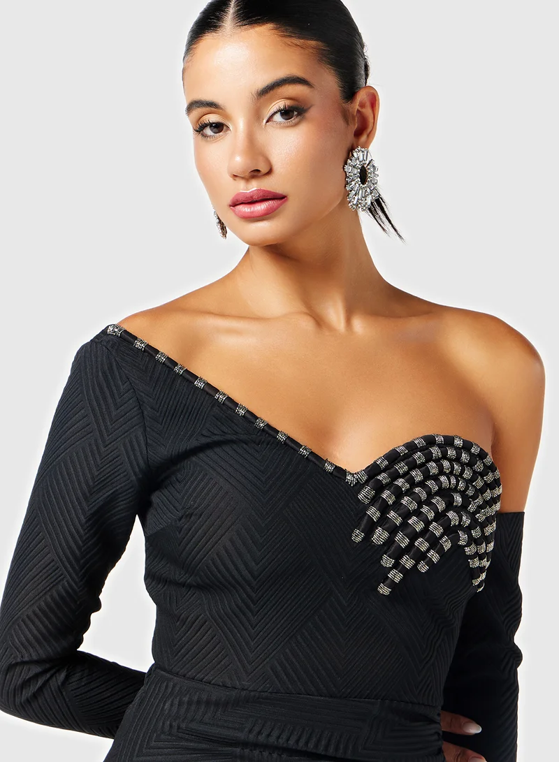 Threadz by Ajooni One-Shoulder Embellished Dress