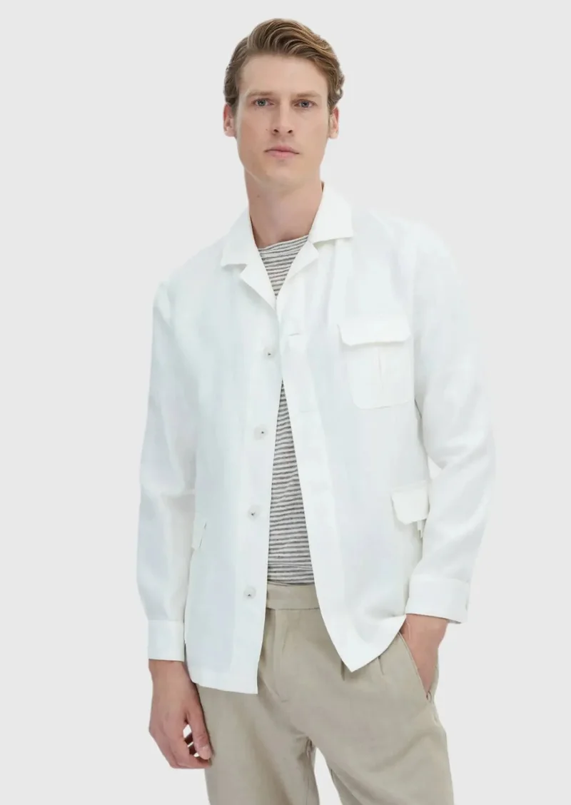 RAMSEY White Plain Casual Fit Cotton Blended Jacket
