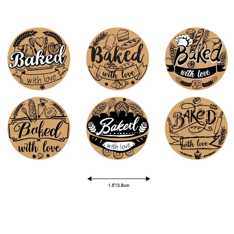 Cualfec 600 Baked with Love Stickers 1.5" Round Natural Kraft 6 Unique Design Perfect for Baked Goods Packing and Wrapping, Add Unique Touch to Your Business and Homemade Cookies - Image 3