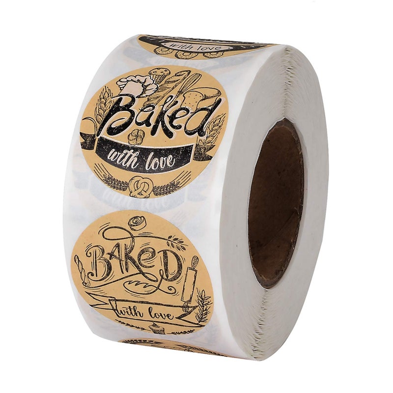 Cualfec 600 Baked with Love Stickers 1.5" Round Natural Kraft 6 Unique Design Perfect for Baked Goods Packing and Wrapping, Add Unique Touch to Your Business and Homemade Cookies - Image 1
