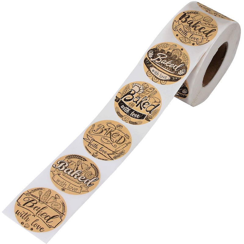 Cualfec 600 Baked with Love Stickers 1.5" Round Natural Kraft 6 Unique Design Perfect for Baked Goods Packing and Wrapping, Add Unique Touch to Your Business and Homemade Cookies - Image 2