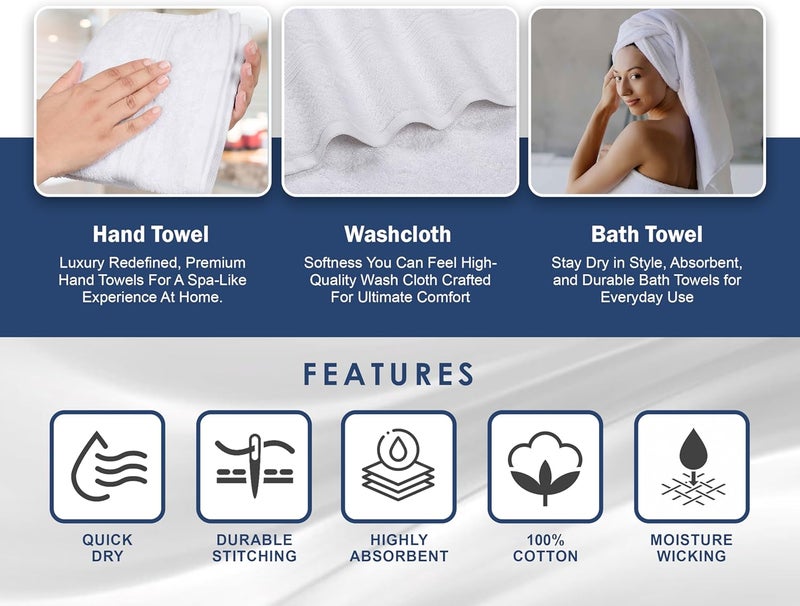 8 Pack Towel Set - 100% Combed Cotton, 550 GSM, Extra Soft and Highly Absorbent Towels for Bath and Spa (White) - Image 4