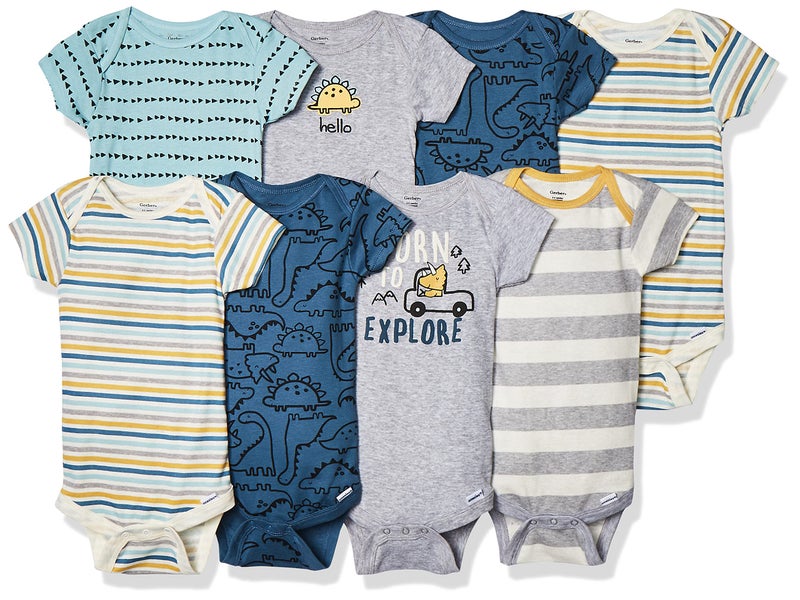 Gerber Baby 8-Pack Short Sleeve Onesies Bodysuits, Dinosaur Blue, 0-3 Months - Image 1