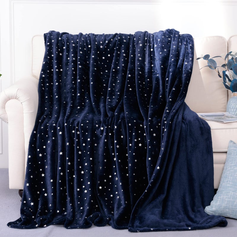 Stellhome Navy Blue Throw Blanket Ultra Soft Thick Flannel Star Foil Print Fleece Bed Blanket for Sofa Couch Twin Size 80x65