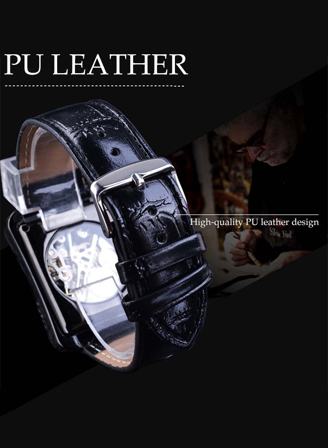 DUNISO Men's Manual mechanical watch,Rectangle Hollow Skeleton with Large Dial Genuine Leather Strap，Stainless Steel Wristwatch with Carving Flower Craft - Image 2