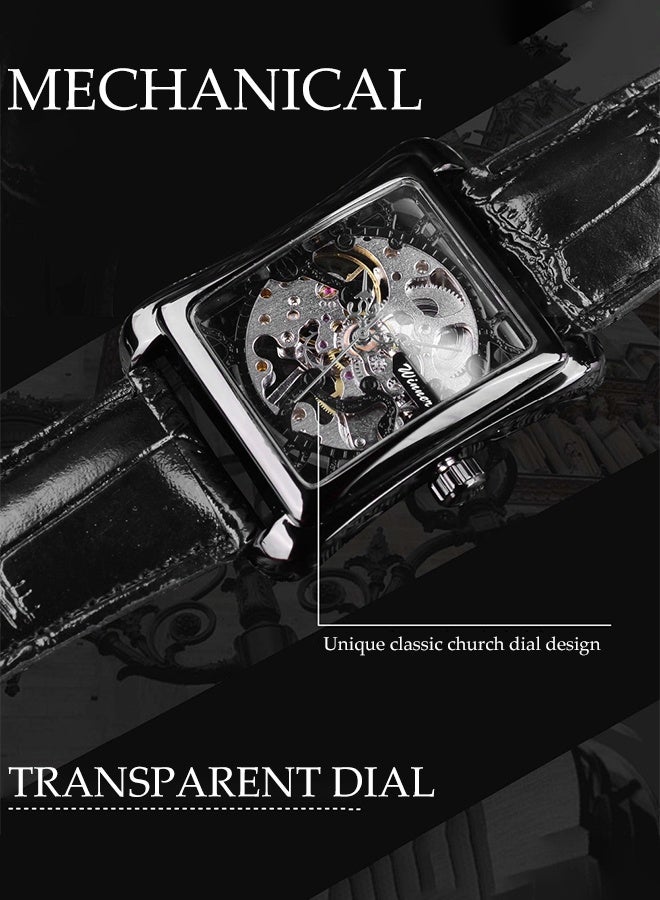 DUNISO Men's Manual mechanical watch,Rectangle Hollow Skeleton with Large Dial Genuine Leather Strap，Stainless Steel Wristwatch with Carving Flower Craft - Image 3