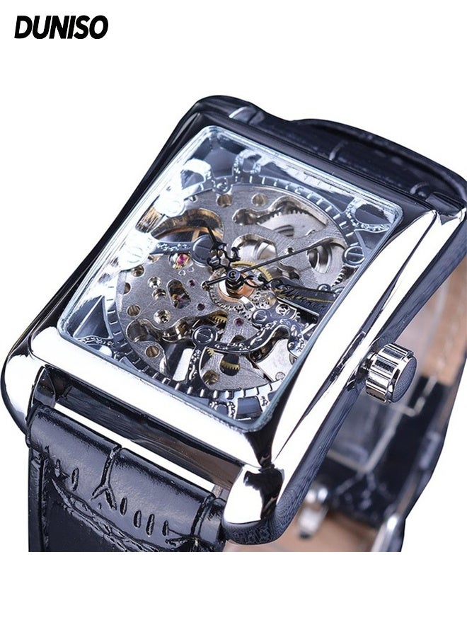 DUNISO Men's Manual mechanical watch,Rectangle Hollow Skeleton with Large Dial Genuine Leather Strap，Stainless Steel Wristwatch with Carving Flower Craft - Image 1