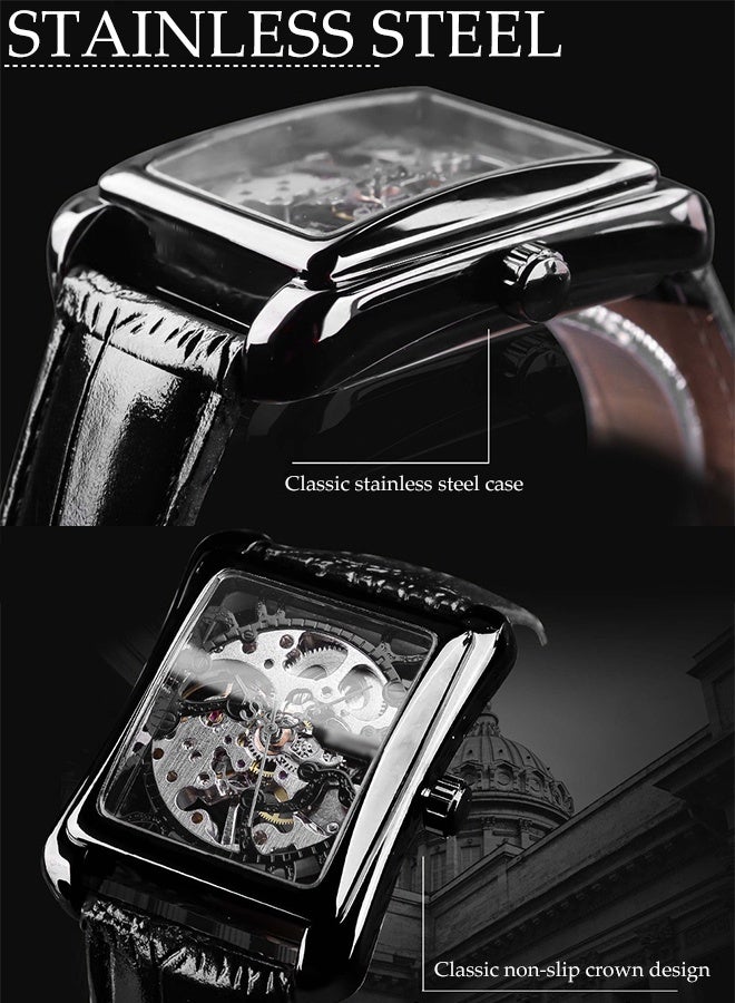 DUNISO Men's Manual mechanical watch,Rectangle Hollow Skeleton with Large Dial Genuine Leather Strap，Stainless Steel Wristwatch with Carving Flower Craft - Image 4