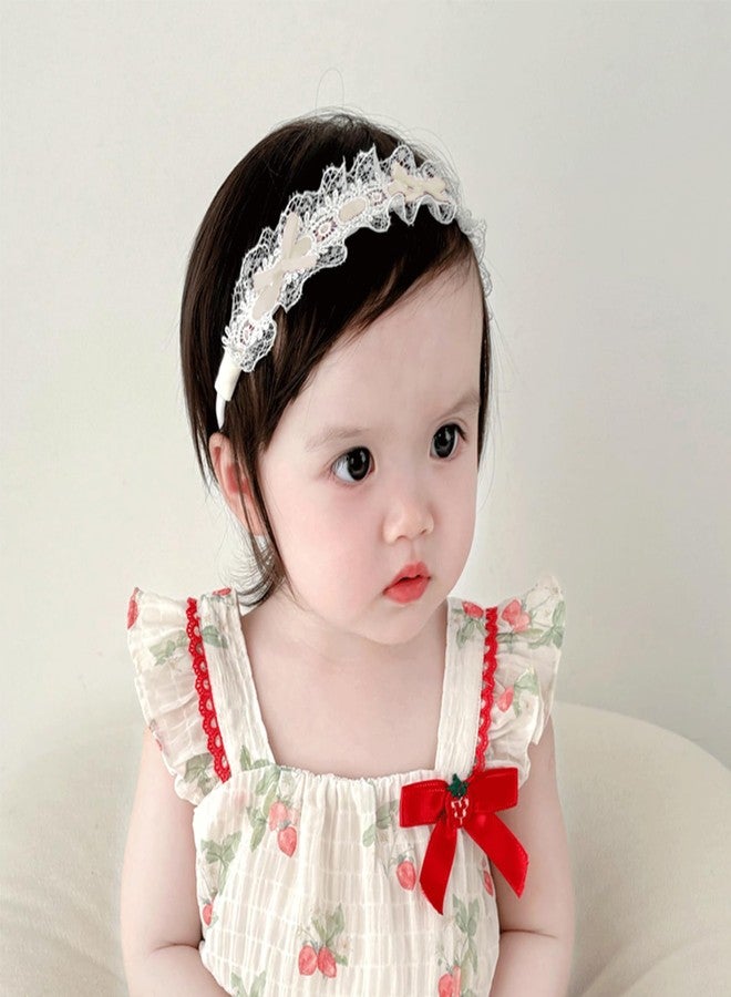 ICKEYOU Baby Girls Hairband White Bow Lace Headbands Handmade Soft Stretchy Bowknot Hairbands Newborn Headband with Bows Pearls Elastic Head Band for Newborn Infant(Lace Beige Bow) - Image 4