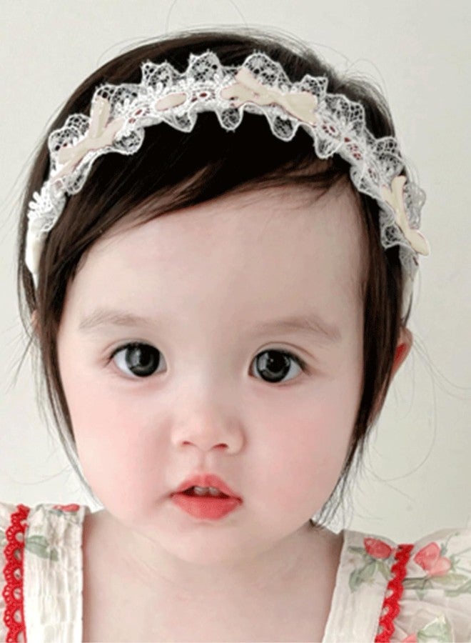 ICKEYOU Baby Girls Hairband White Bow Lace Headbands Handmade Soft Stretchy Bowknot Hairbands Newborn Headband with Bows Pearls Elastic Head Band for Newborn Infant(Lace Beige Bow) - Image 1
