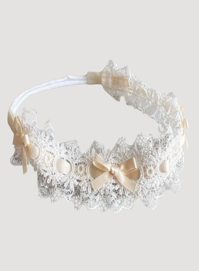 ICKEYOU Baby Girls Hairband White Bow Lace Headbands Handmade Soft Stretchy Bowknot Hairbands Newborn Headband with Bows Pearls Elastic Head Band for Newborn Infant(Lace Beige Bow) - Image 5