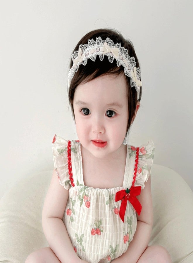 ICKEYOU Baby Girls Hairband White Bow Lace Headbands Handmade Soft Stretchy Bowknot Hairbands Newborn Headband with Bows Pearls Elastic Head Band for Newborn Infant(Lace Beige Bow) - Image 3