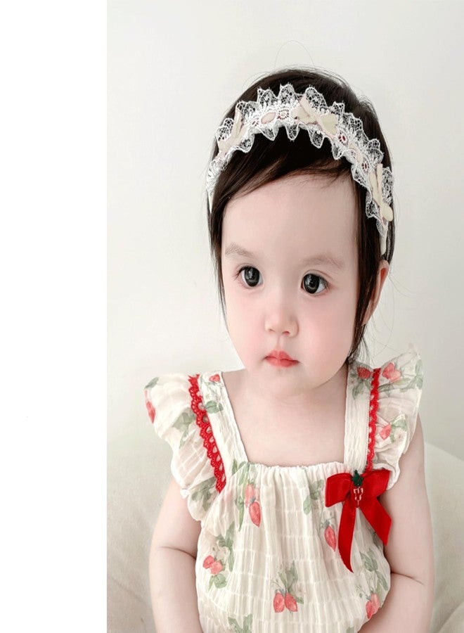 ICKEYOU Baby Girls Hairband White Bow Lace Headbands Handmade Soft Stretchy Bowknot Hairbands Newborn Headband with Bows Pearls Elastic Head Band for Newborn Infant(Lace Beige Bow) - Image 2