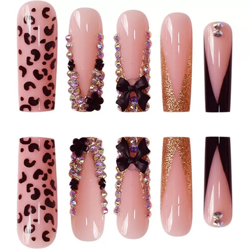 CTTHNBD Long Press on Nails Square French Tip Fake Nails with Black 3D Bow Rhinestone Design Glue on Nails Leopard Print False Nails Glossy Acrylic Full Cover Stick on Nails Artificial Nails for Women 24 Pcs - Image 4