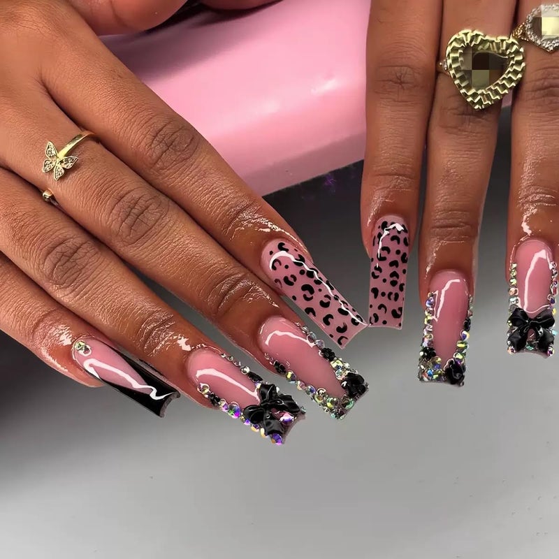 CTTHNBD Long Press on Nails Square French Tip Fake Nails with Black 3D Bow Rhinestone Design Glue on Nails Leopard Print False Nails Glossy Acrylic Full Cover Stick on Nails Artificial Nails for Women 24 Pcs - Image 1