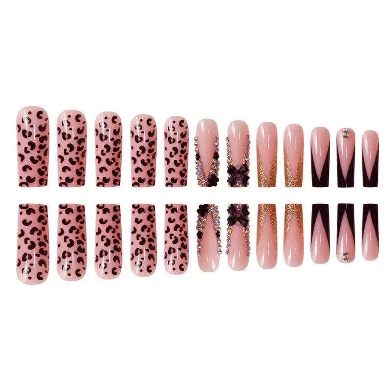 CTTHNBD Long Press on Nails Square French Tip Fake Nails with Black 3D Bow Rhinestone Design Glue on Nails Leopard Print False Nails Glossy Acrylic Full Cover Stick on Nails Artificial Nails for Women 24 Pcs - Image 3