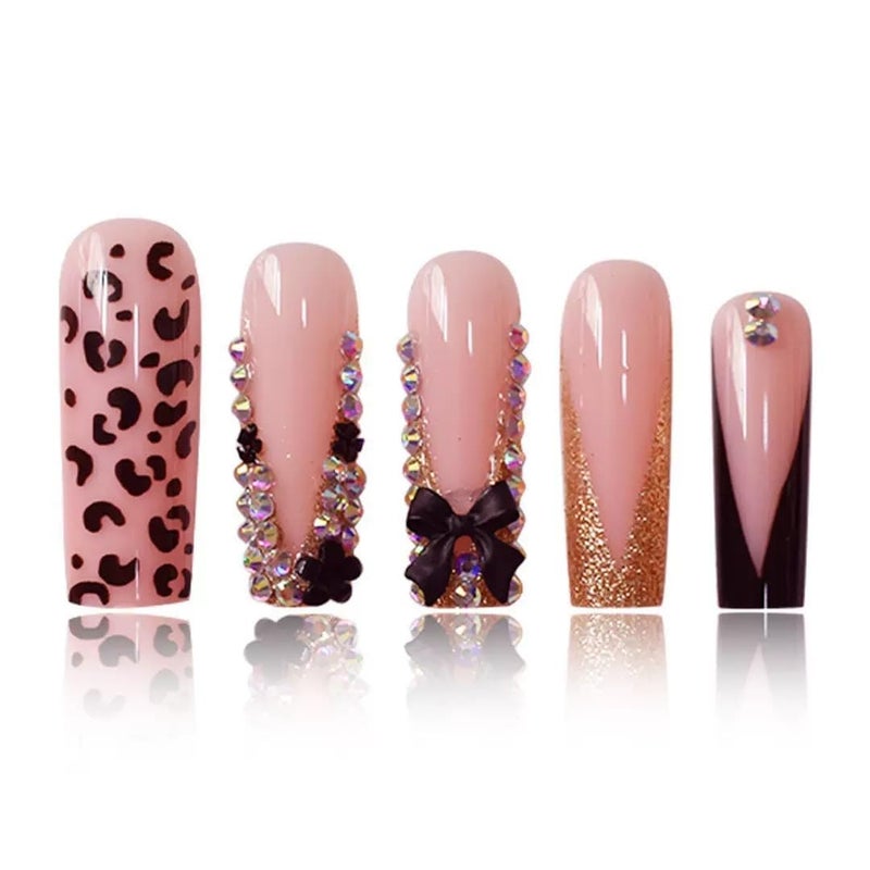 CTTHNBD Long Press on Nails Square French Tip Fake Nails with Black 3D Bow Rhinestone Design Glue on Nails Leopard Print False Nails Glossy Acrylic Full Cover Stick on Nails Artificial Nails for Women 24 Pcs - Image 5