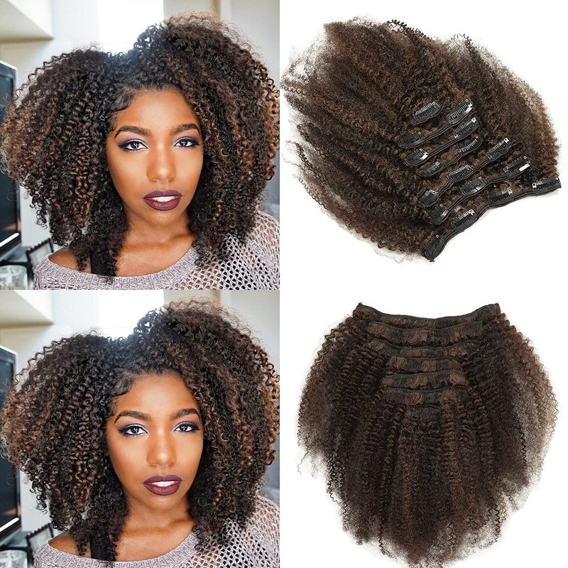 Lacer Lacer Hair Short Length Clips in Hair Extensions Afro Kinky Curly Human Hair Extensions for Black Women Piano Natural Black Mixed with Dark Brown 4B 4C Hair 120g Double Weft P1B4 AC 10 Inch 