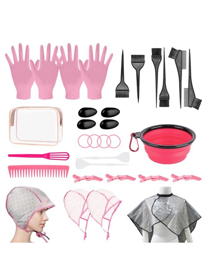DINTSTYLE 32 Pcs Hair Dye Coloring Kit,Hair Dye Tools for DIY Salon.Hair Dye Brush and Bowl Set/Highlighting Frosting Cap with Plastic Hooks/Dye Brush/Ear Cover/Gloves/Comb/Hairpin/Hair Coloring Cape(Pink) - Image 1