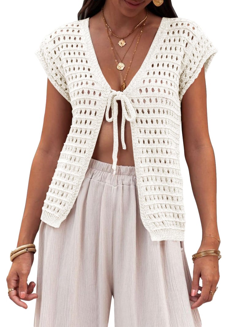 Saodimallsu Womens Tie Crochet Shrug Short Sleeve Open Front Lightweight Knit Cropped Cardigan Sweaters Cover Up - Image 1