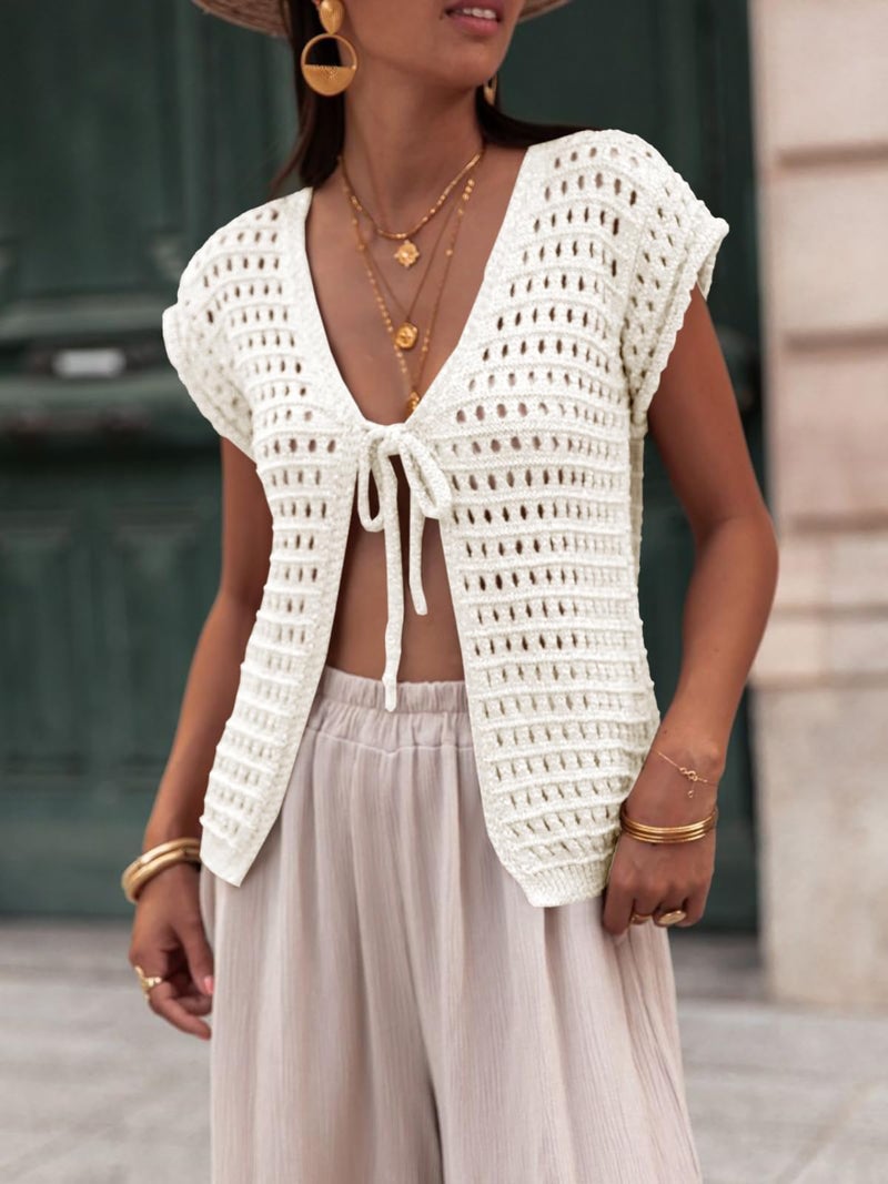 Saodimallsu Womens Tie Crochet Shrug Short Sleeve Open Front Lightweight Knit Cropped Cardigan Sweaters Cover Up - Image 2