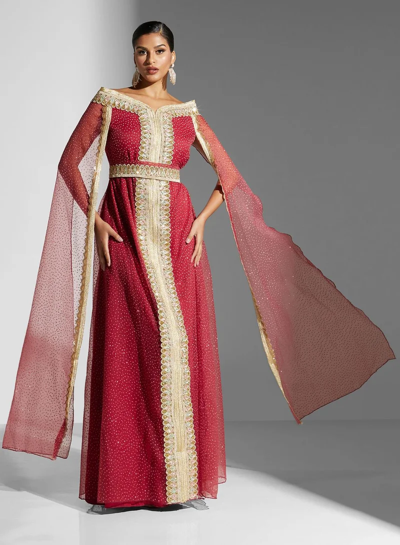 hayas closet Embellished Cape Sleeve Belted Dress